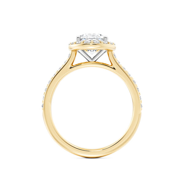 Bague de fian&ccedil;ailles en or jaune avec diamant ovale, halo et pav&eacute;