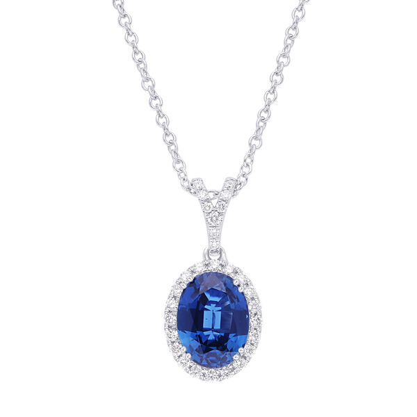 Oval Sapphire and Diamond Halo Pendant