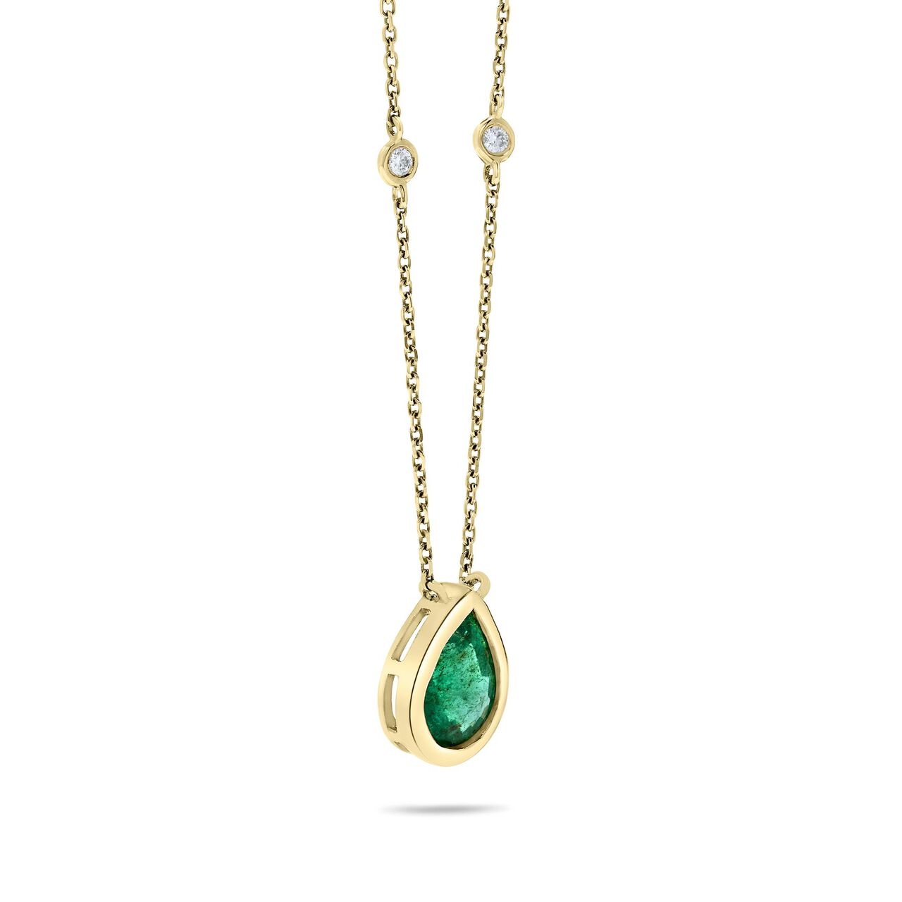 Maison Birks Salon Yellow Gold Bezel-Set Pear Cut Emerald and Diamond Station Pendant Angle image number 1