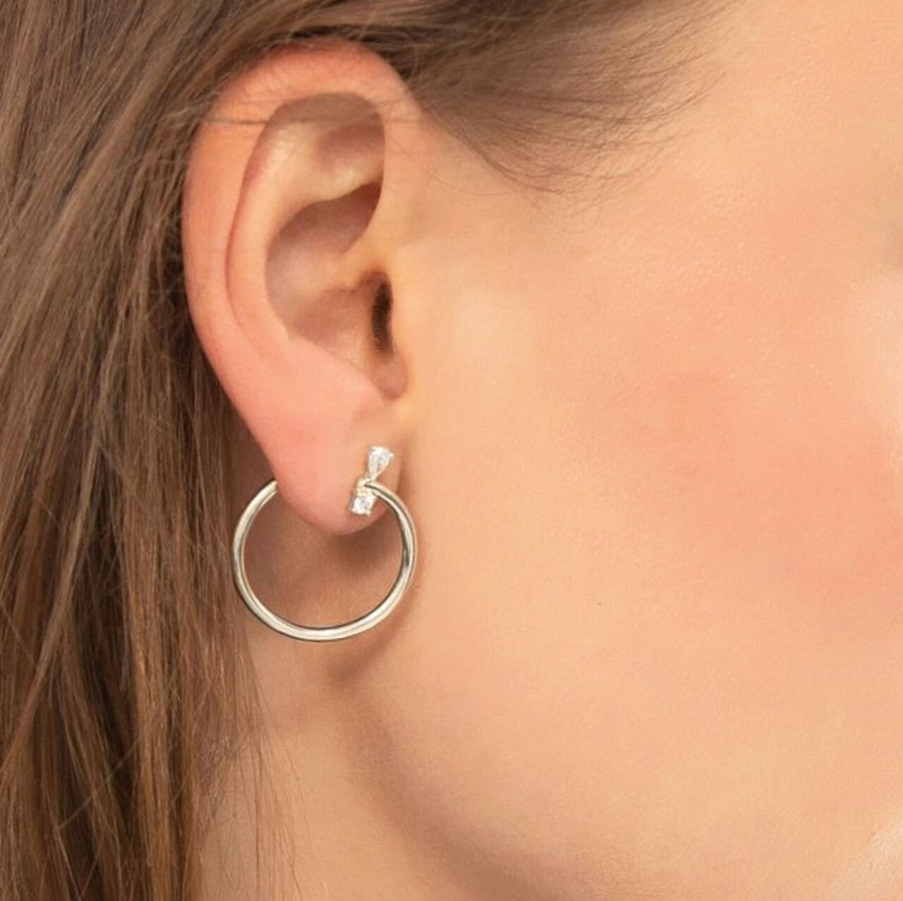 Monica Rich Kosann Galaxy Large Silver and White Sapphire Hoop Earrings 45061 On Model image number 1