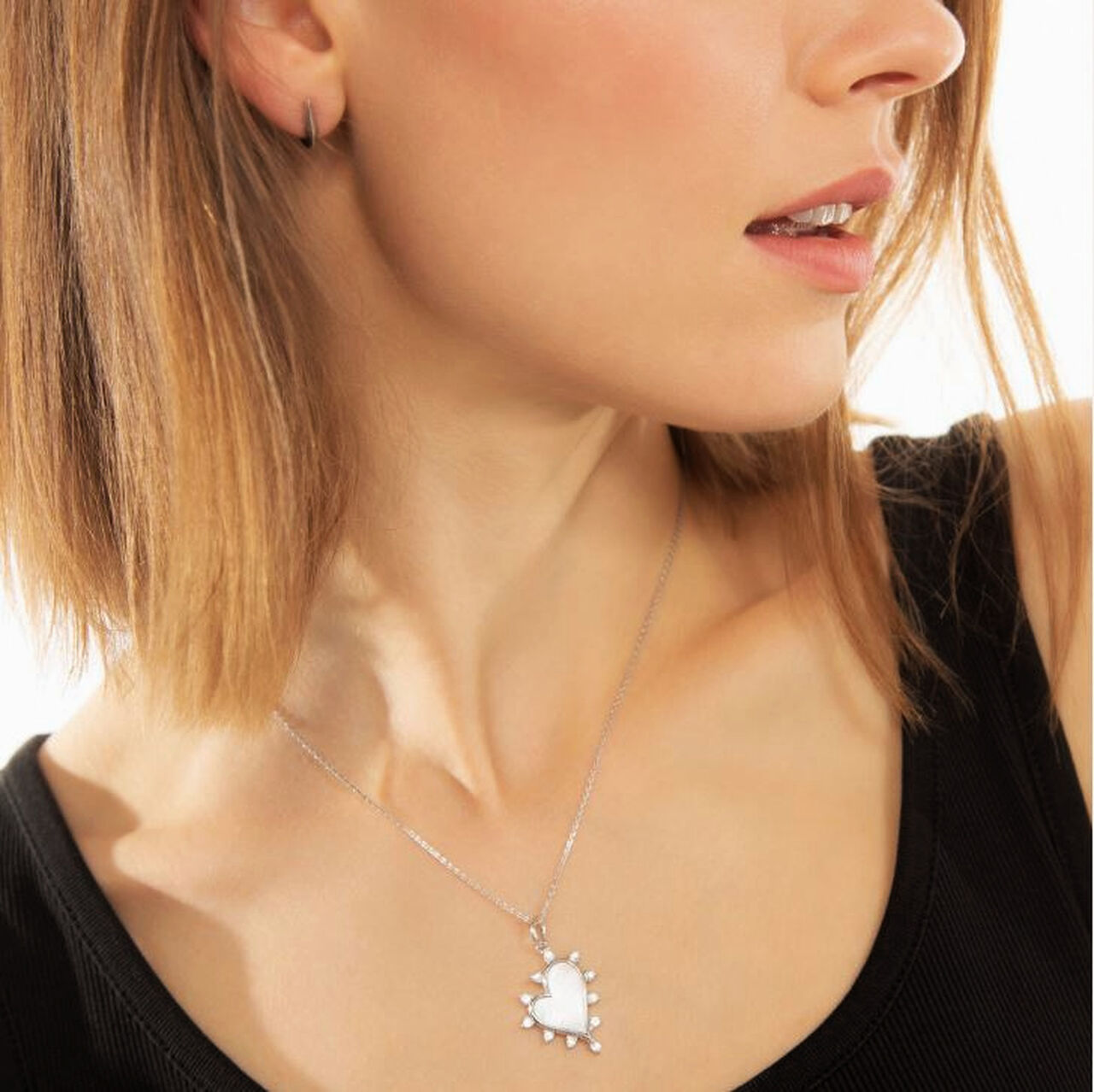 Monica Rich Kosann Gemstone Heart Midi Heart Silver, Mother-of-Pearl and White Sapphire Charm Necklace  41617 Model image number 1