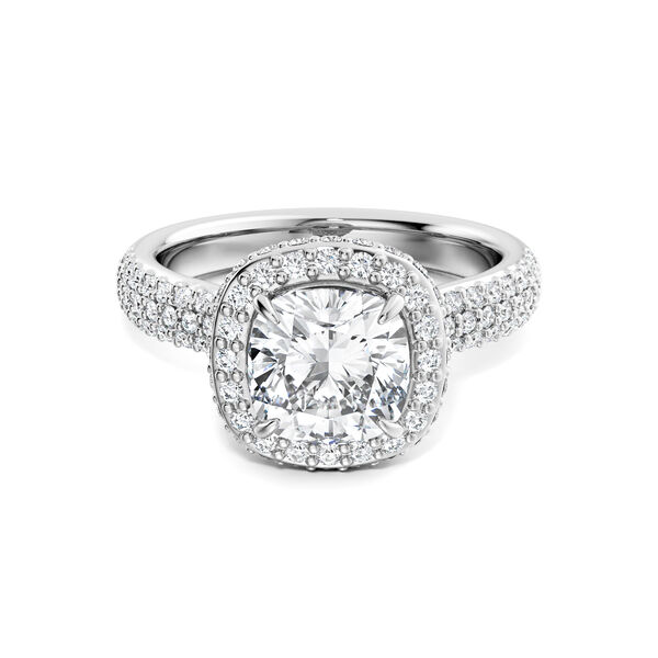 Bague de fian&ccedil;ailles avec diamant coupe coussin &agrave; halo simple et bande pav&eacute;e