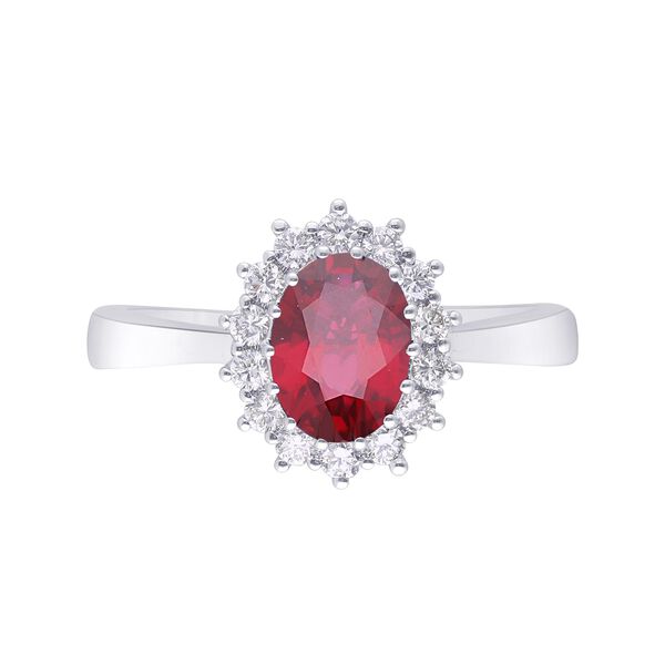 Oval Ruby and Sunburst Diamond Halo Ring