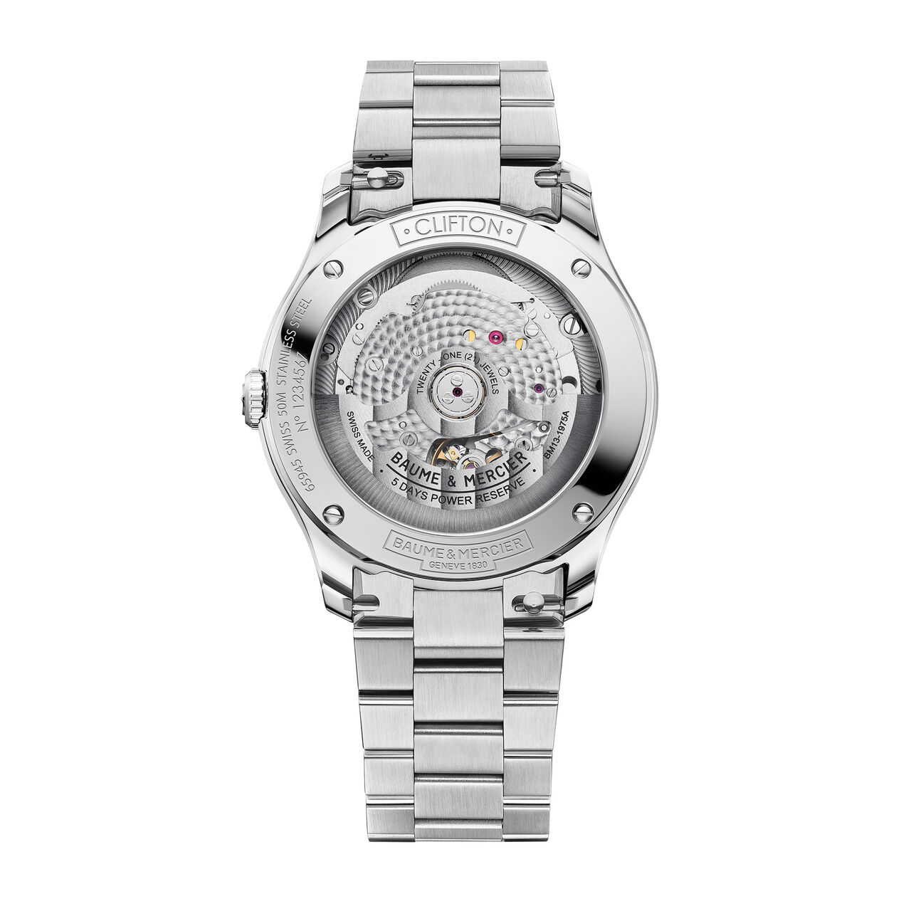 Men's Baume & Mercier Clifton Baumatic Automatic 39 mm Stainless Steel Watch, back view image number 3