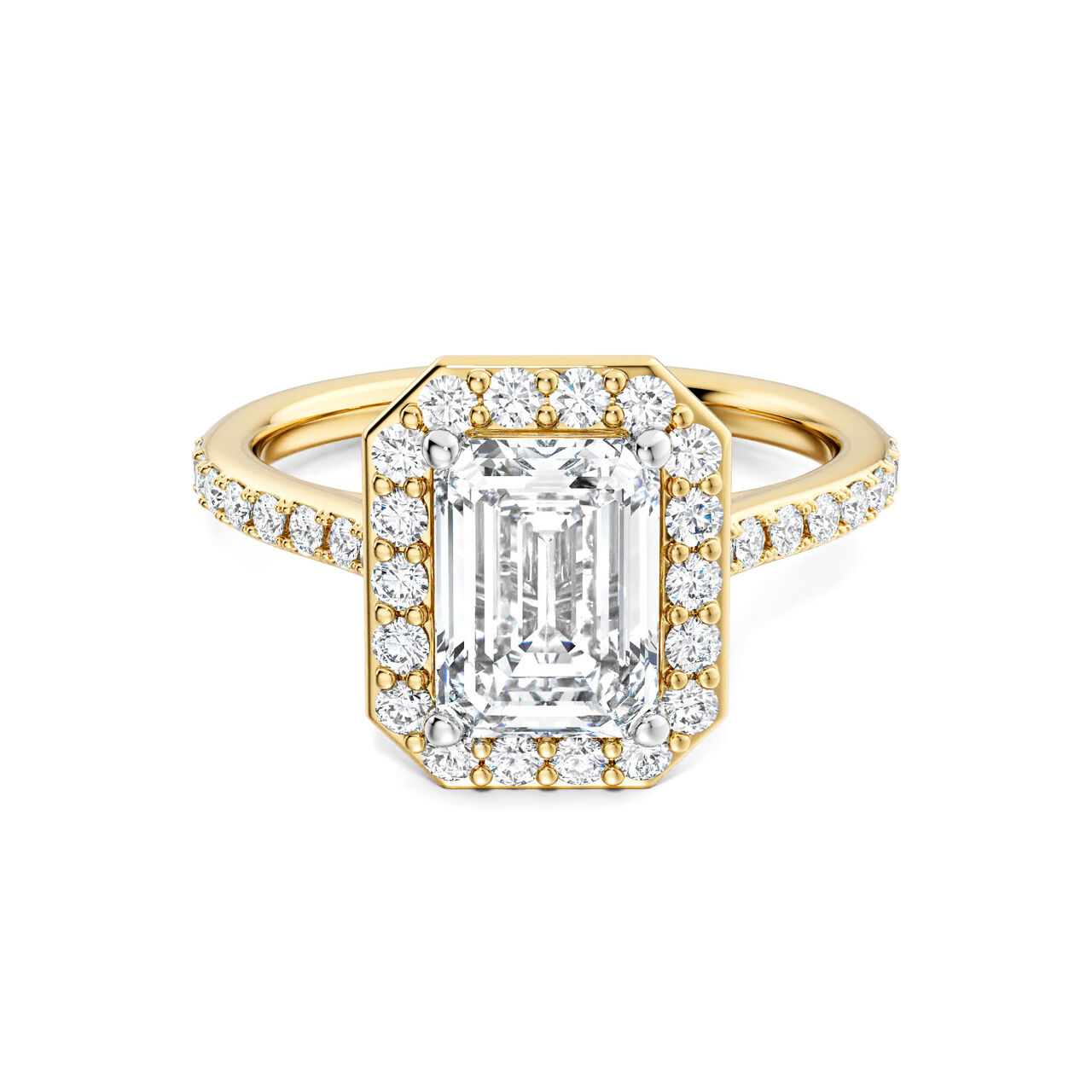 Birks Ros&eacute;e du Matin Yellow Gold Emerald Cut Diamond Engagement Ring with Halo and Pav&eacute; Band image number 0