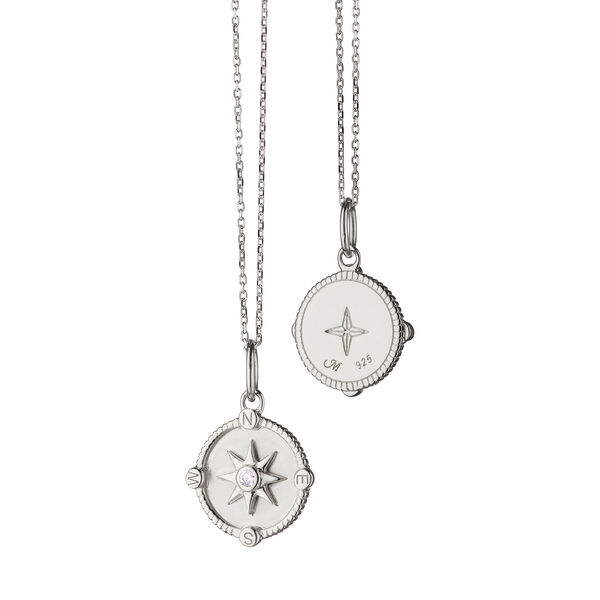 Pendentif Modern Charm Mini Adventure Compass en argent avec saphirs blanc