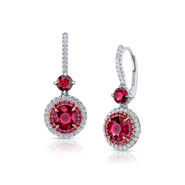 Round Ruby and Diamond Drop Earrings