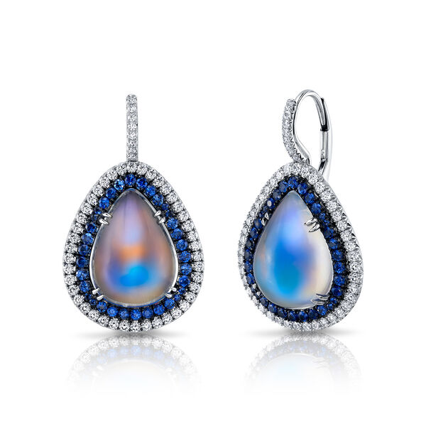 Boucles d'oreilles pendantes pierre de lune avec saphir et diamant
