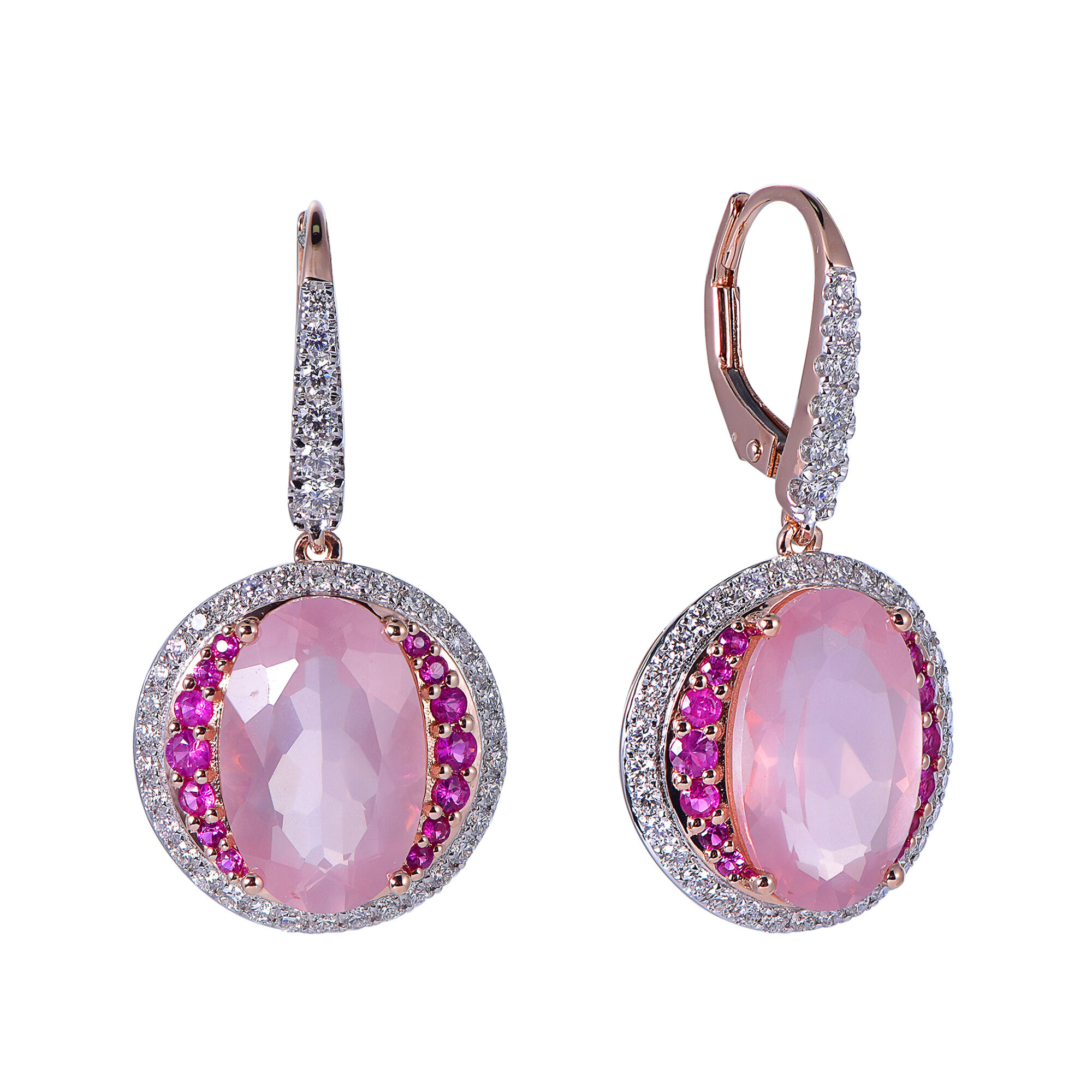 Rose Quartz Earrings with Pink Sapphire and Diamond Accents in Rose Gold