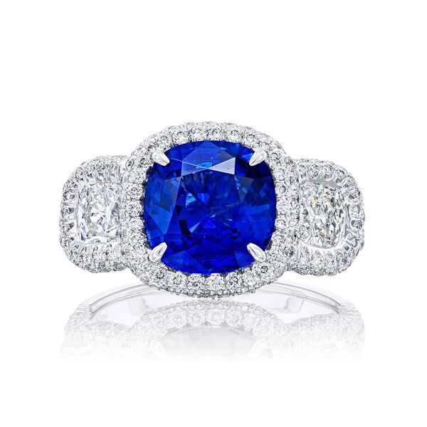 Three-Stone Cushion-Cut Diamond and Sapphire Engagement Ring with Single Halo