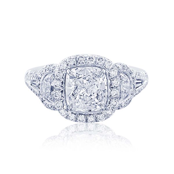 Three-Stone Cushion-Cut Diamond Engagement Ring with Single Halo
