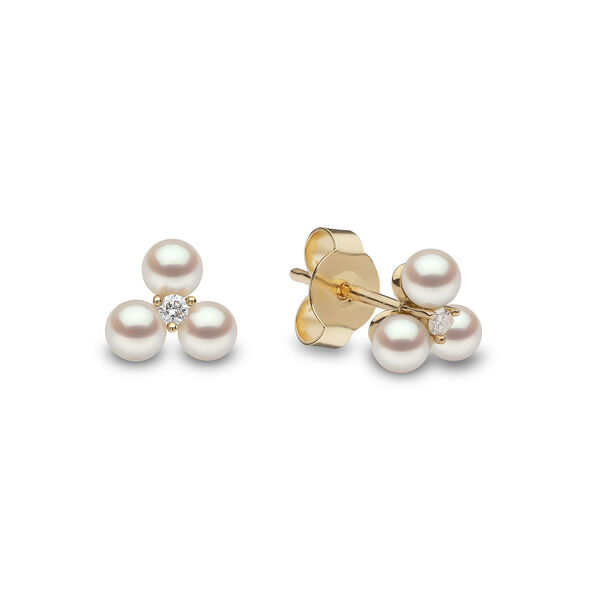Sleek Yellow Gold Pearl and Diamond Stud Earrings