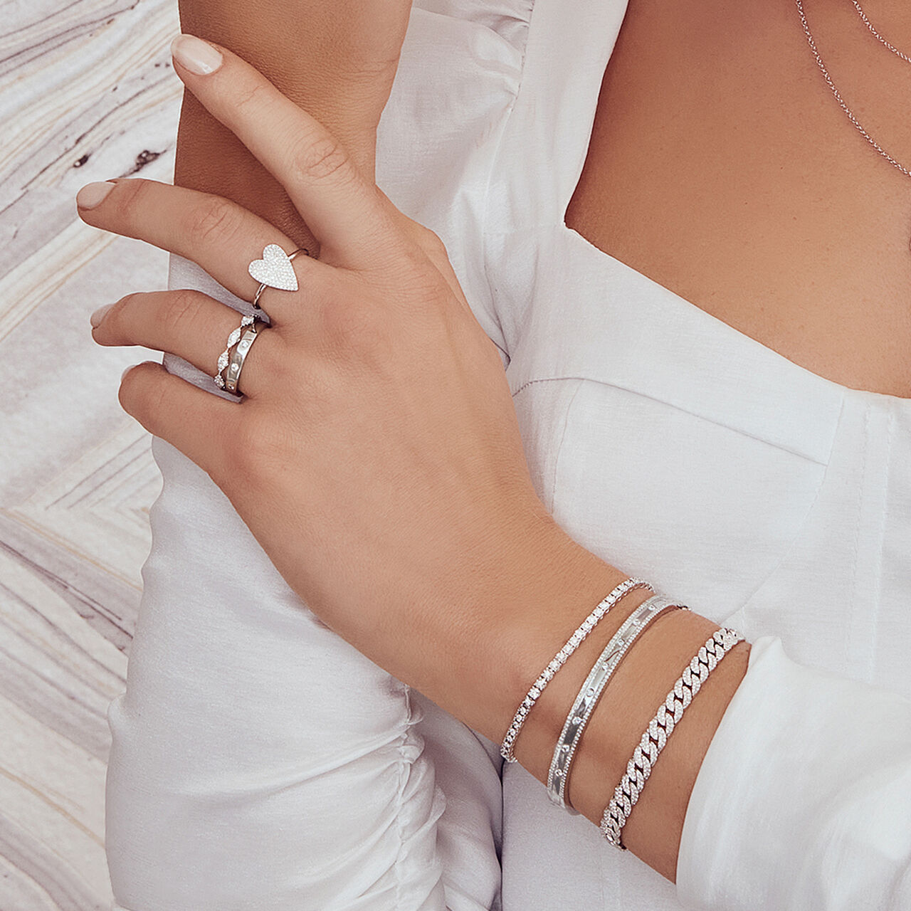 Shy Creation Kate White Gold and Diamond Pav&eacute; Link Bracelet SC55005671V2B.JPG On Model image number 1