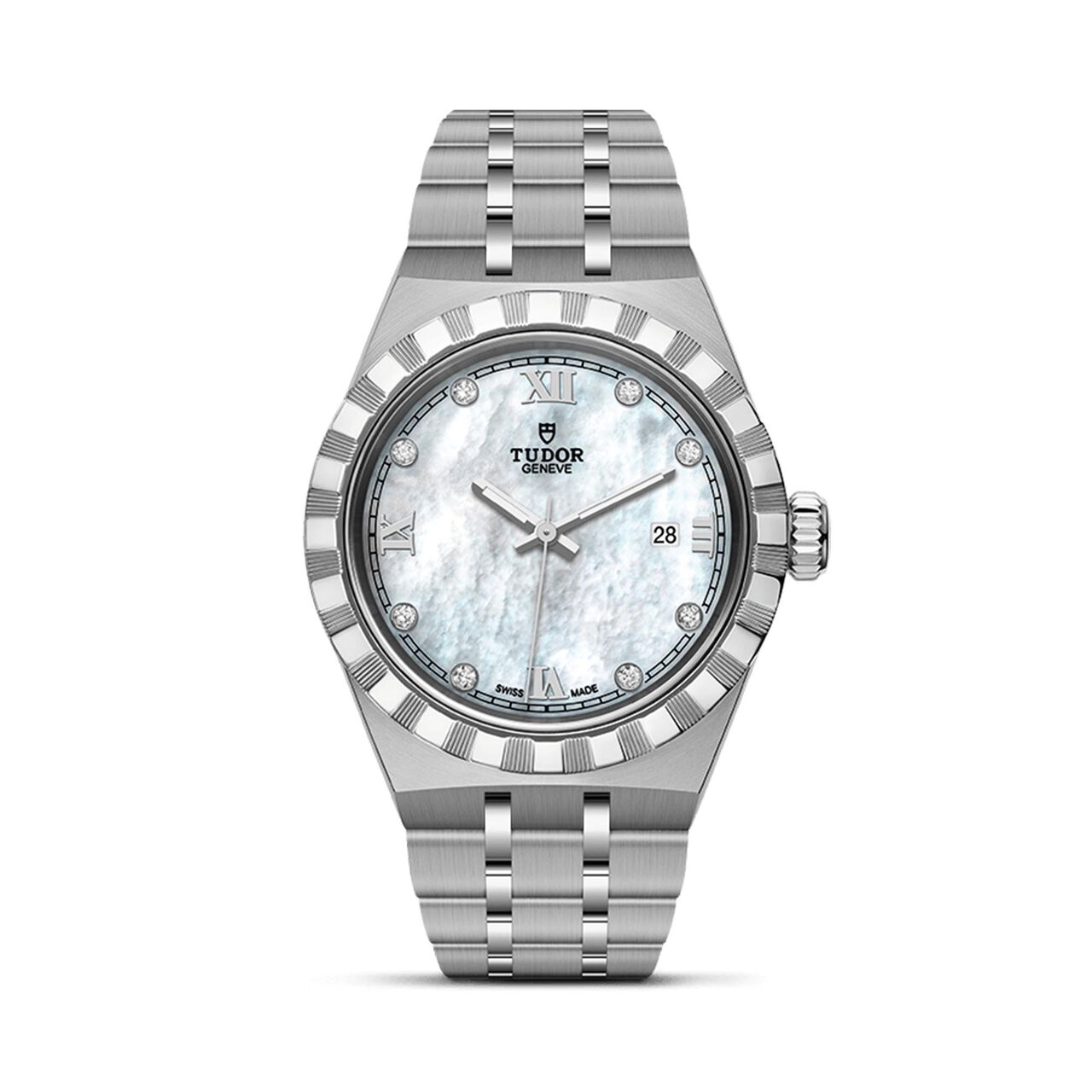 tudor royal 28 mm steel case mother of pearl diamond set dial steel bracelet m28300 0005 image number 0