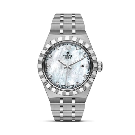 tudor royal 28 mm steel case mother of pearl diamond set dial steel bracelet m28300 0005 image number 0