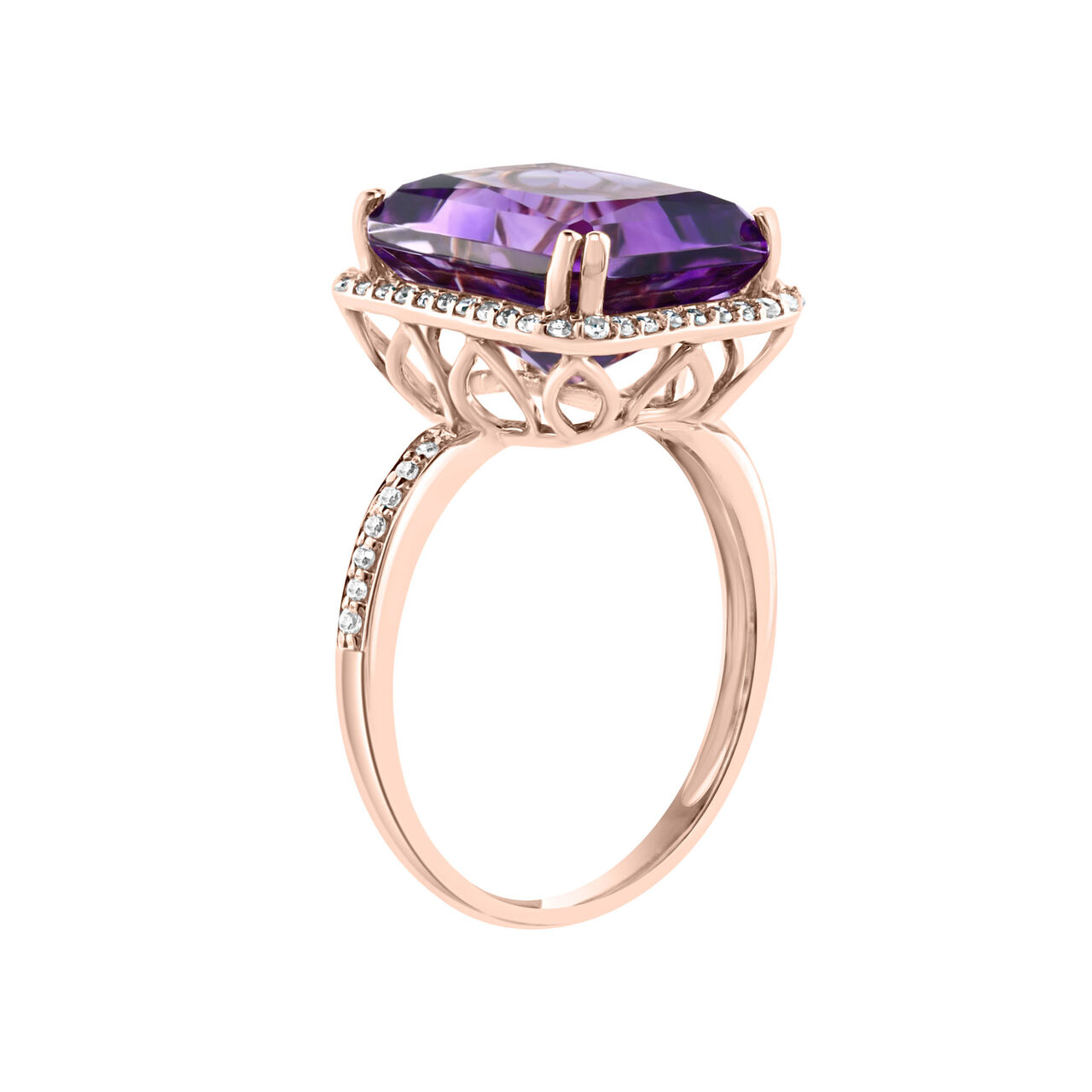 Rose Gold and Amethyst Ring with Diamond Halo image number 1