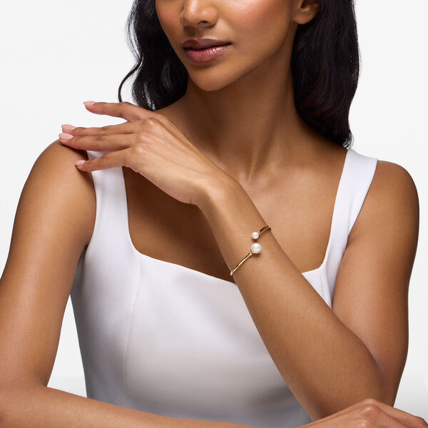 Yellow Gold Bead and Freshwater Pearl Open Bangle