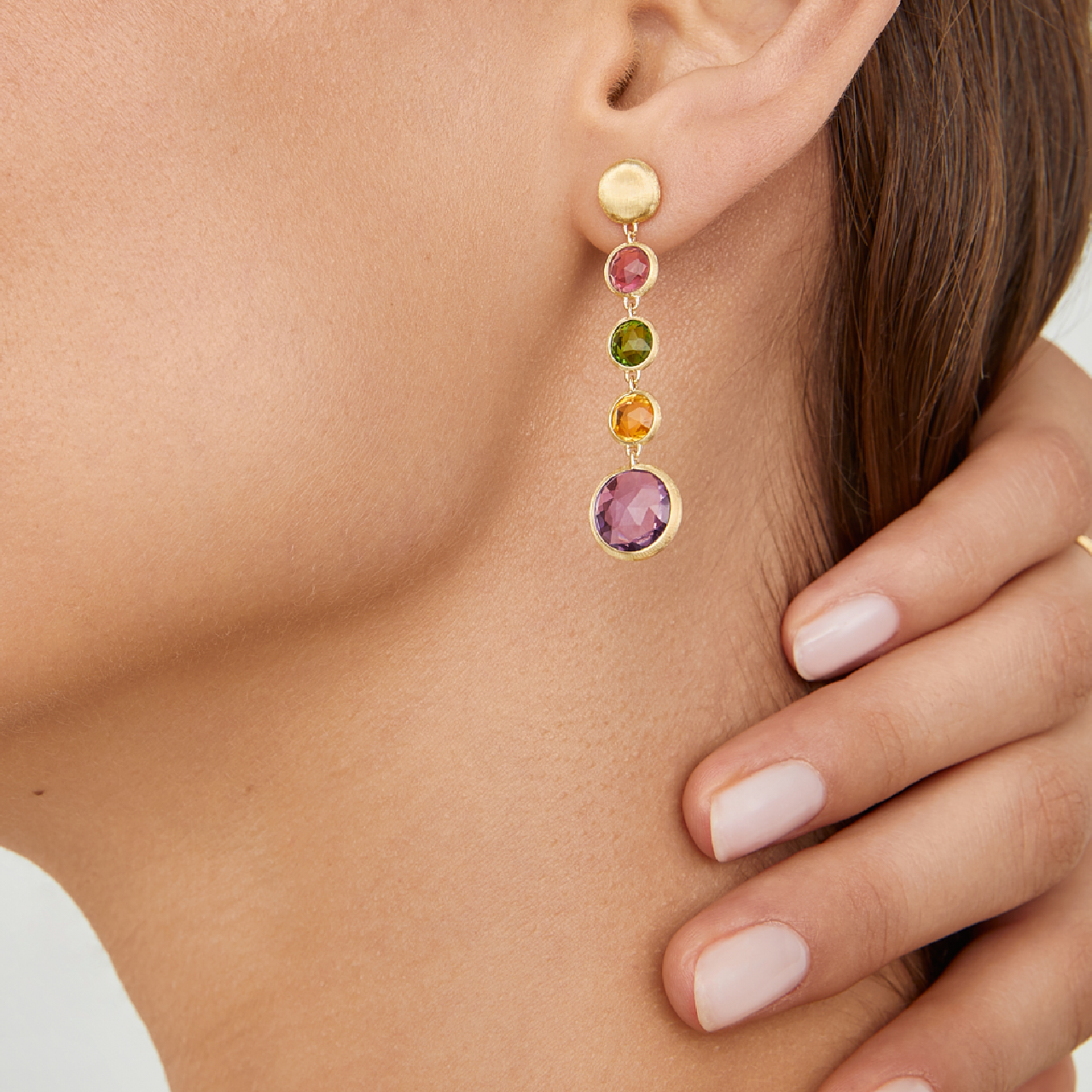 Marco Bicego Jaipur Color Yellow Gold Mixed Gemstone Drop Earrings On Model image number 1