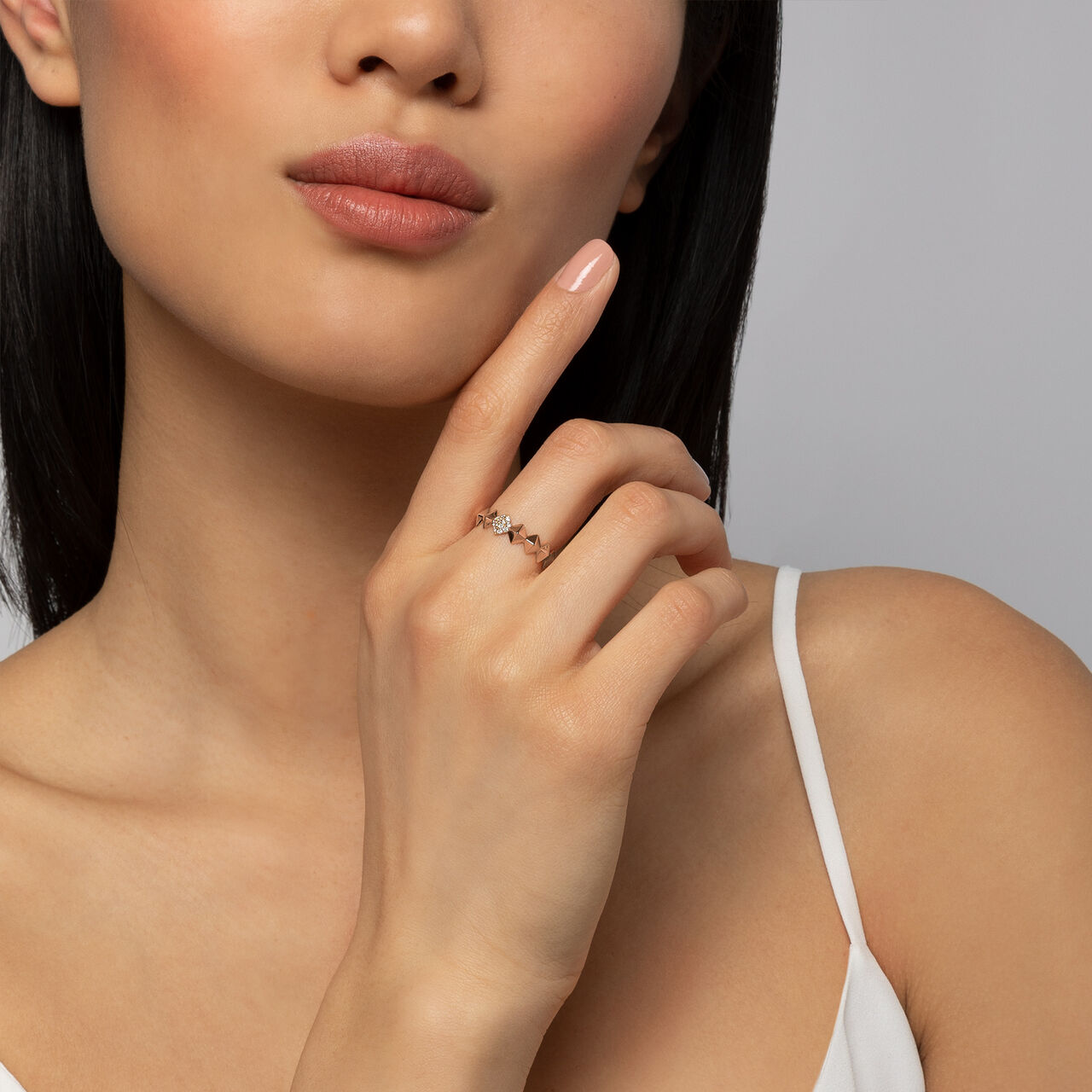 Birks Iconic Stackable Rose Gold And Diamond Rock & Pearl Ring on model image number 1