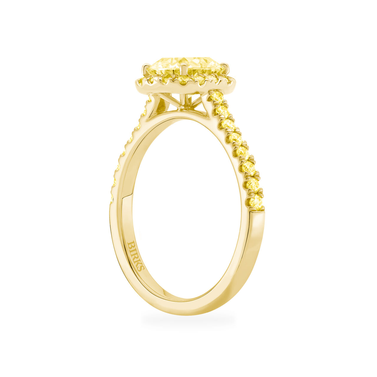 Birks Rosée du Matin Cushion Cut Yellow Diamond Engagement Ring with Halo and Pavé Yellow Gold Band Angle image number 1
