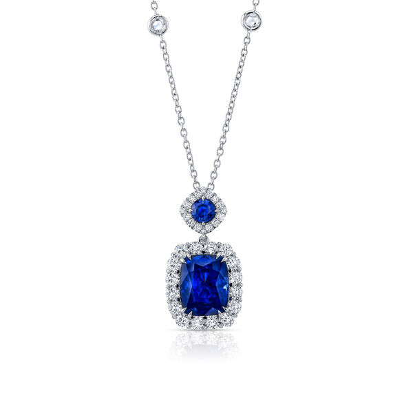 Cushion-Cut Sapphires and Diamond Halo Pendant