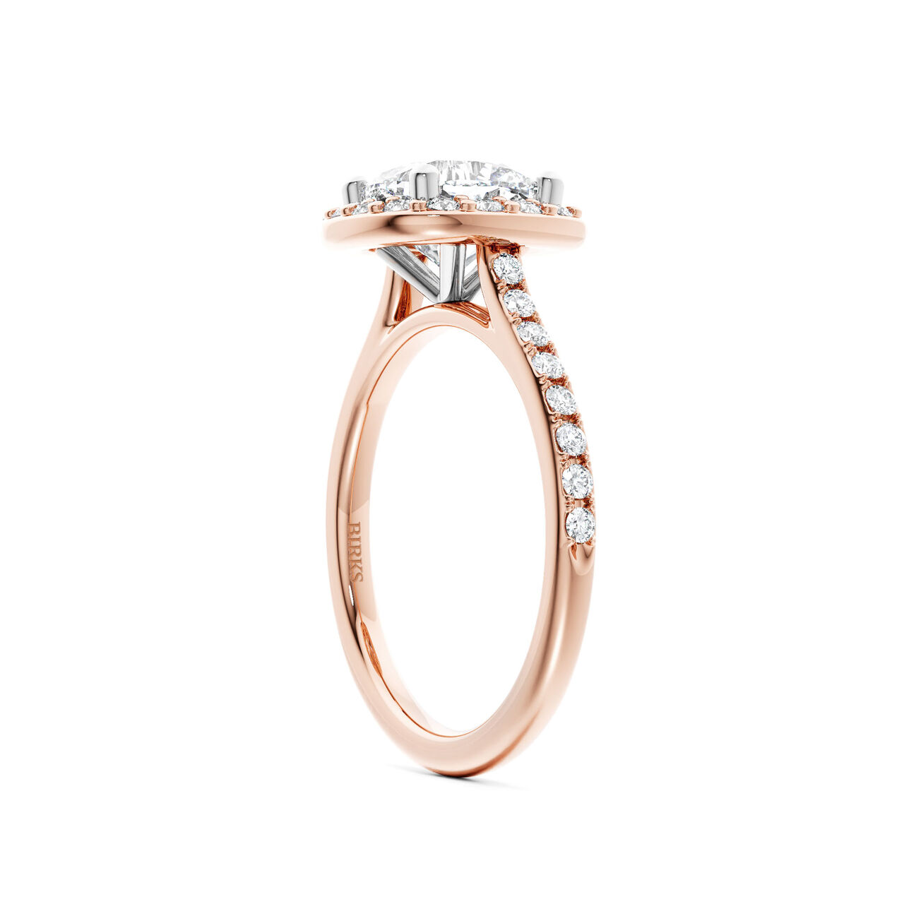 Birks Ros&eacute;e du Matin Cushion-Cut Diamond Engagement Ring with Halo and Pav&eacute; Band in Rose Gold image number 1