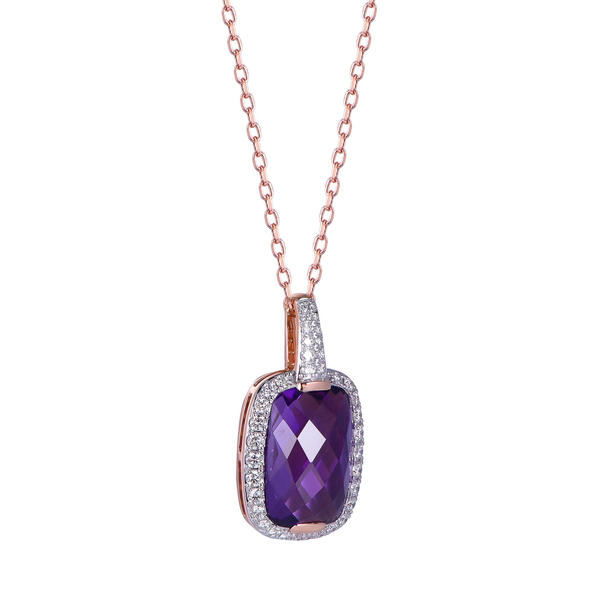 Amethyst Pendant with Diamond Halo in Rose Gold