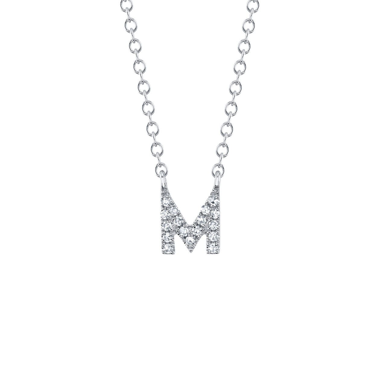 Initials White Gold and Diamond Pavé Letter M Necklace image number 0