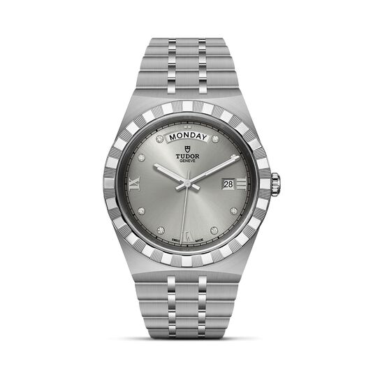 maison birks tudor royal 41 mm steel case silver diamond set dial steel bracelet m28600 0002 image number 0