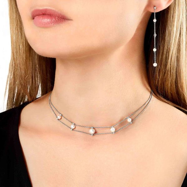 Collier ras de cou Trend en or blanc avec perles et diamants