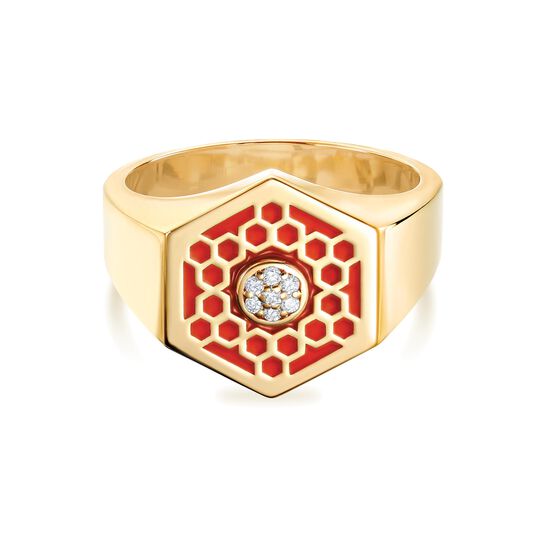 Bijoux Birks Bee Chic Red Enamel And Diamond Hexagon Signet Ring In Yellow Gold image number 0