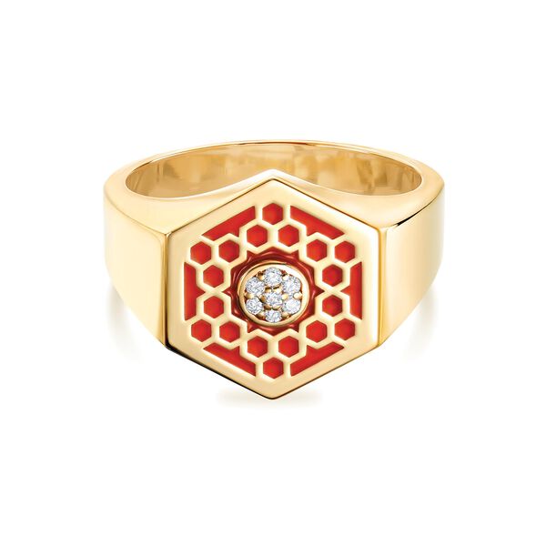 Red Enamel and Diamond Hexagon Signet Ring in Yellow Gold