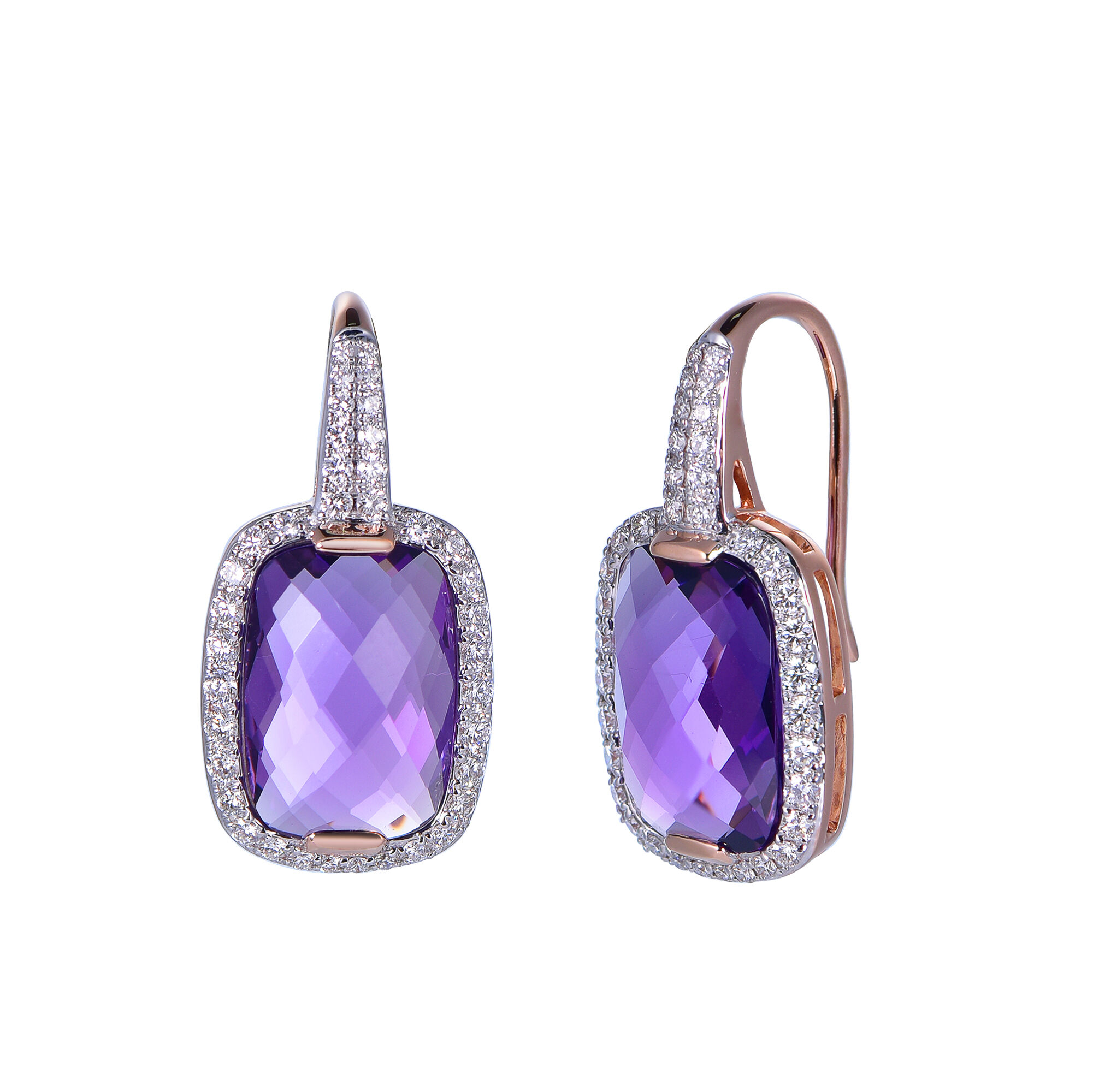 Amethyst Earrings with Diamond Halo in Rose Gold