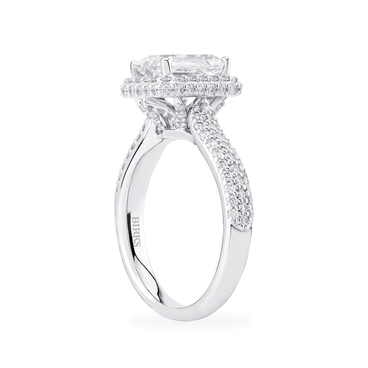 Birks Square Phillips Emerald Cut Diamond Engagement Ring With Single Halo And Diamond Band image number 3