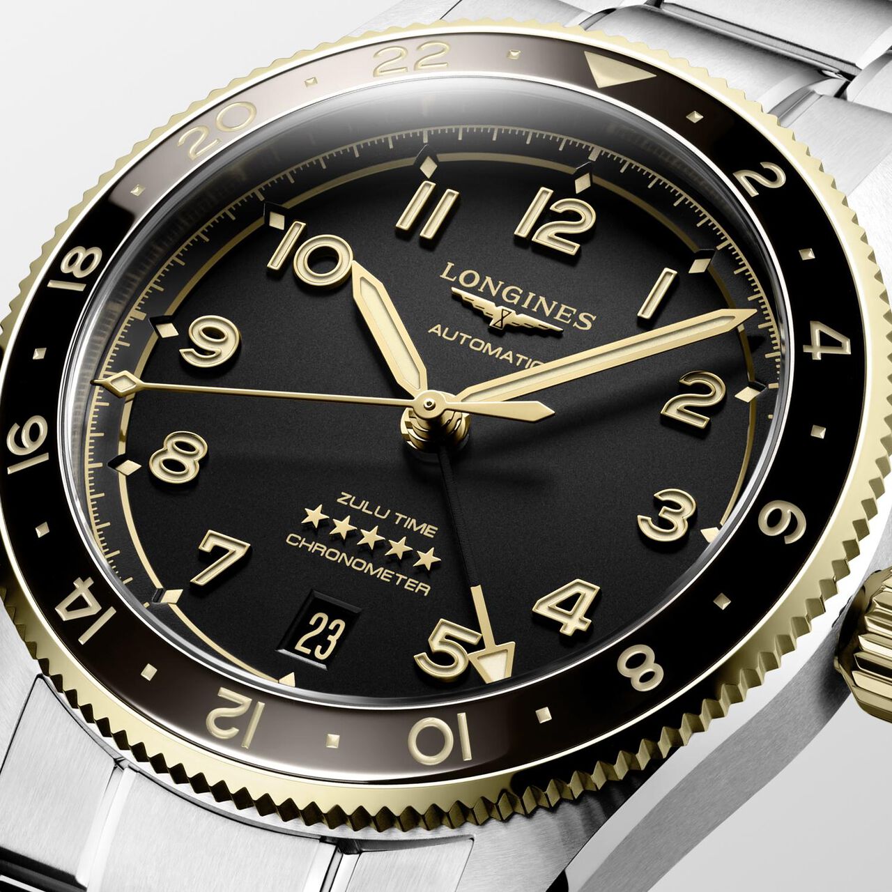 Longines Spirit Zulu Time Automatic GMT 39 mm Yellow Gold and Stainless Steel Dial image number 2
