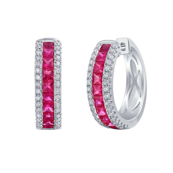 Boucles d'Oreilles Anneaux Rubis et Diamants en Or Blanc