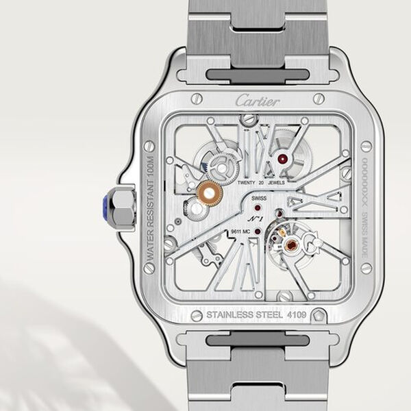 Santos de Cartier Skeleton 40 mm manuelle en acier inoxydable, grand modèle