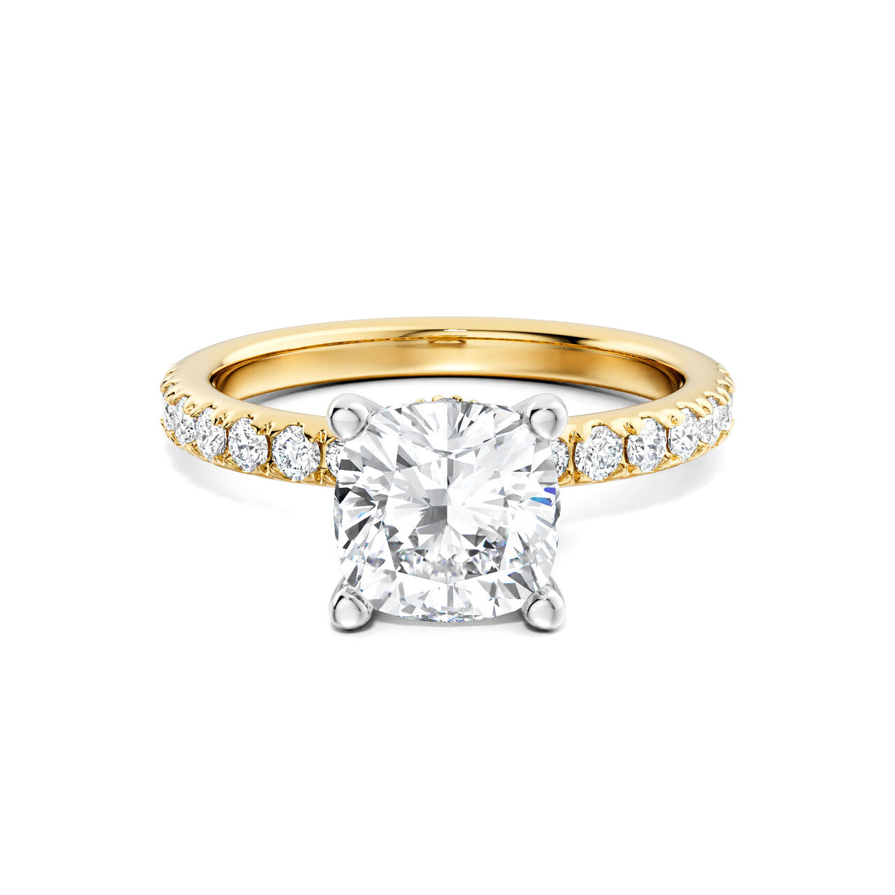 Birks Deco Bague de fian&ccedil;ailles en or jaune avec solitaire taille coussin et pav&eacute; de diamants, avec halo cach&eacute; en pav&eacute; image number 0