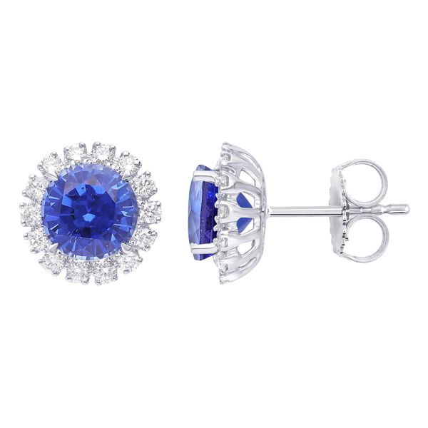 Round Blue Sapphire and Diamond Halo Stud Earrings