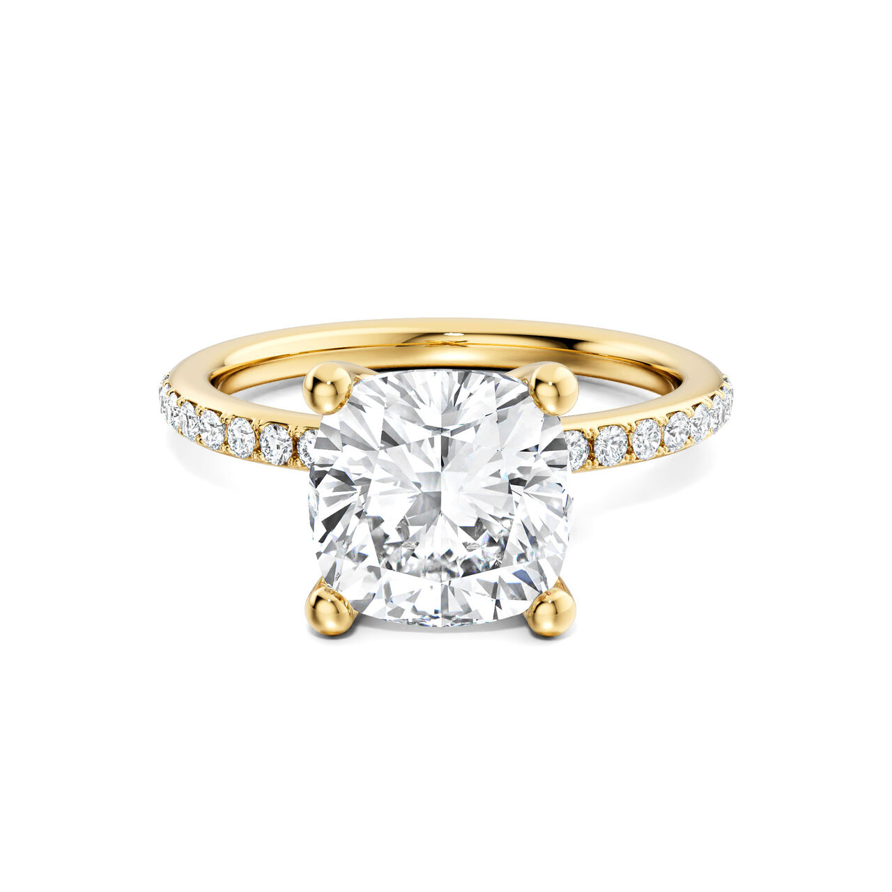 Cushion-cut diamond pav&eacute; engagement ring in yellow gold, front view image number 0