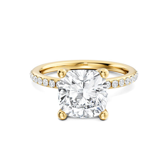 Cushion-cut diamond pav&eacute; engagement ring in yellow gold, front view image number 0