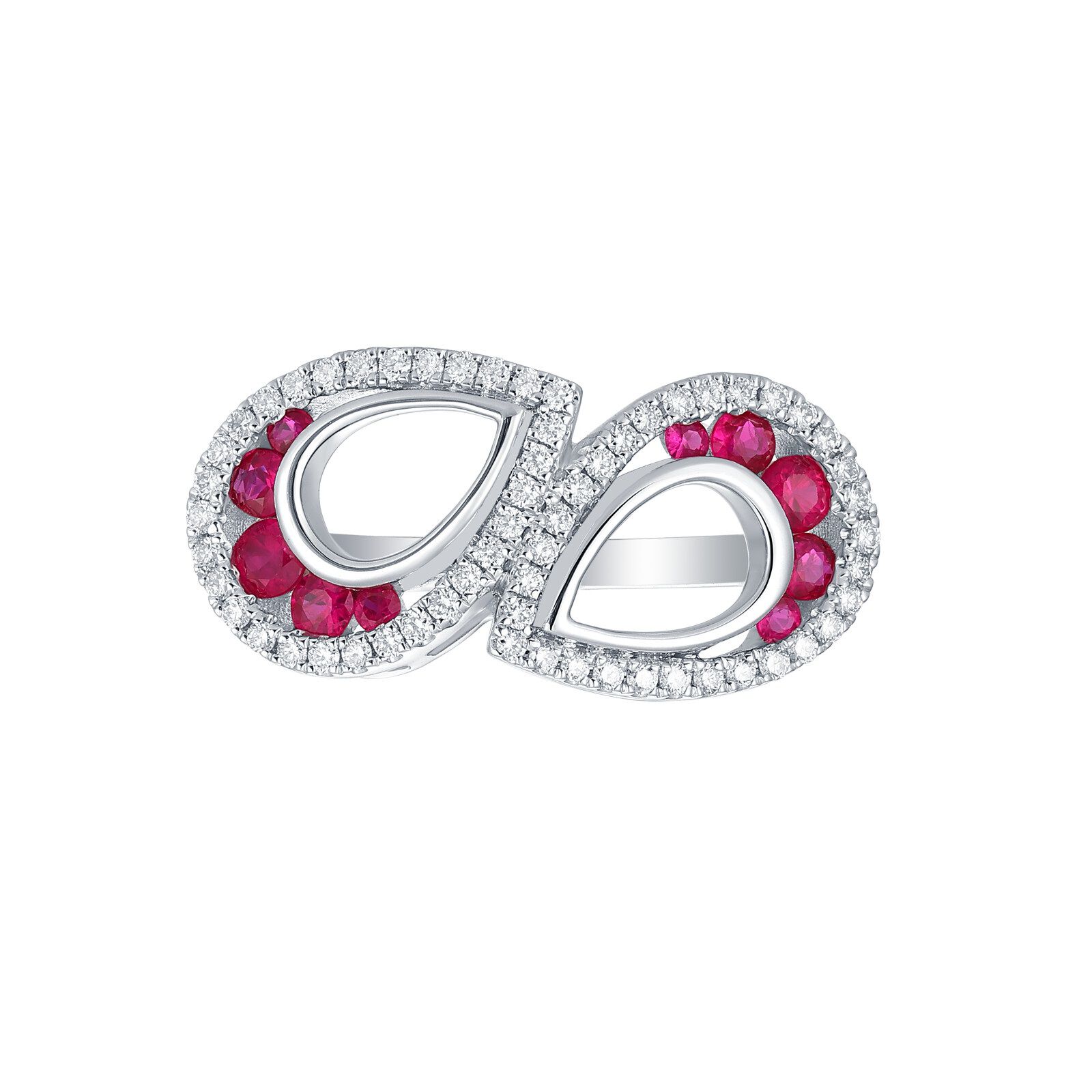 Ruby and Diamond Double Tear drop Ring in White Gold