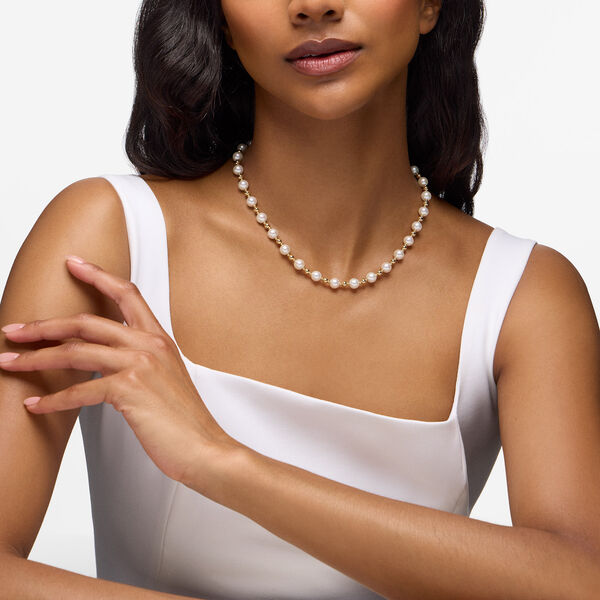 Yellow Gold Bead and Freshwater Pearl Necklace