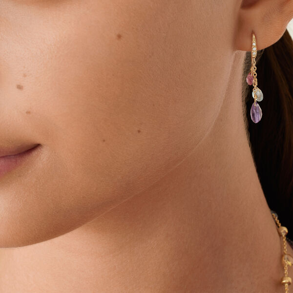 Boucles d'oreilles pendentives Paradise en or jaune avec diamants et pierres de couleur