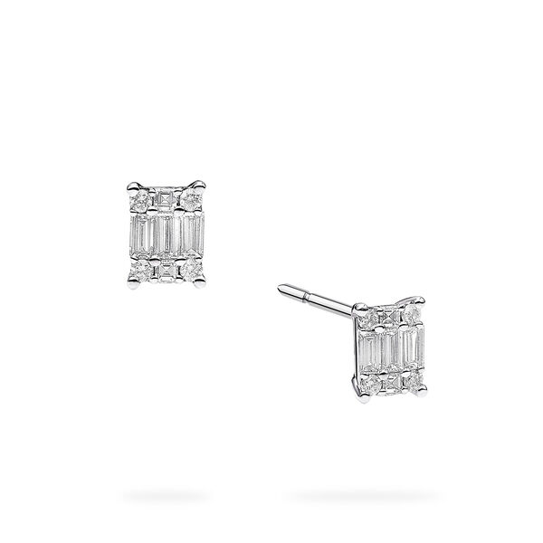 White Gold and Diamond Rectangular Cluster Earrings, Small