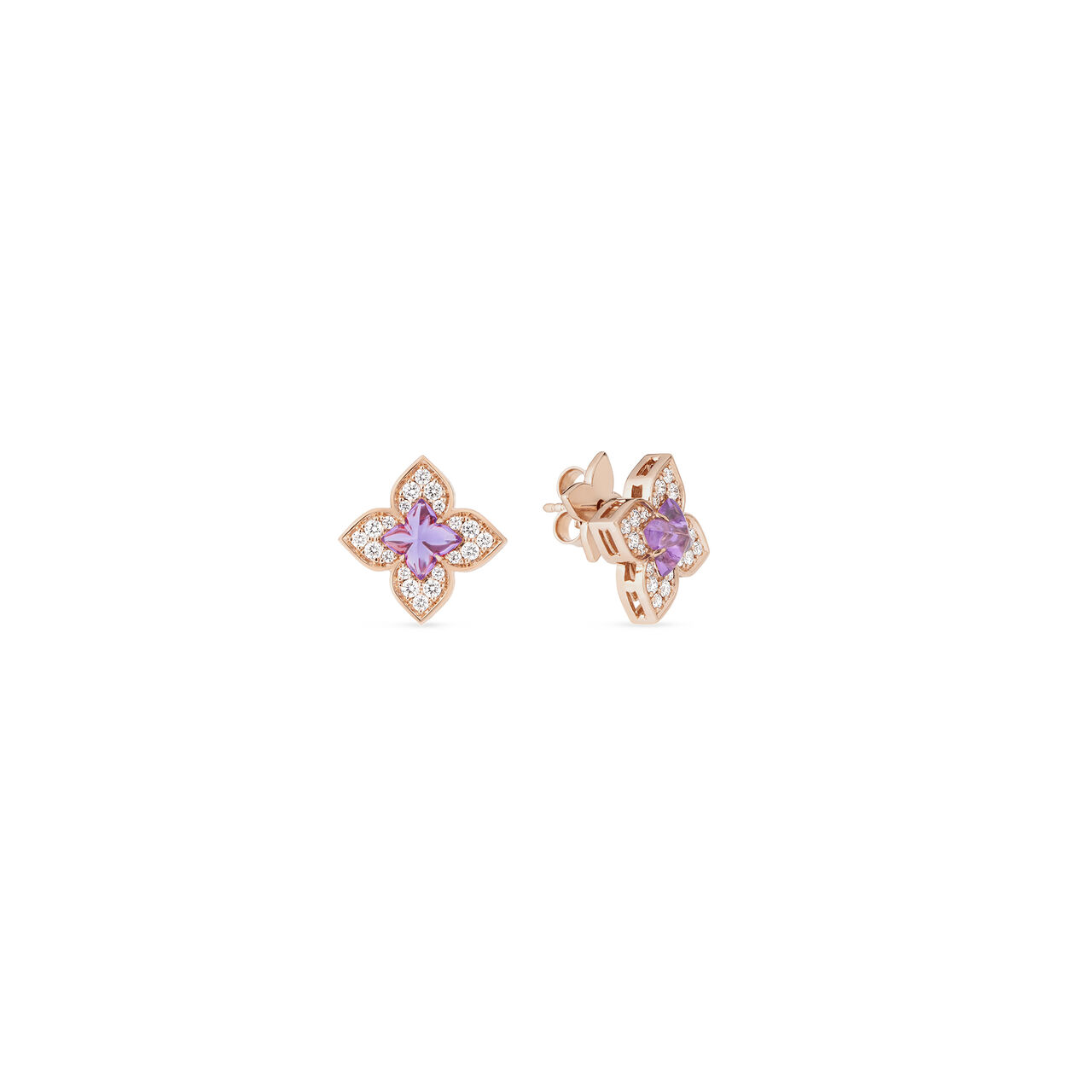 Boucles d'oreilles clous Princess Flower en or rose, am&eacute;thystes et diamants, petit mod&egrave;le image number 0