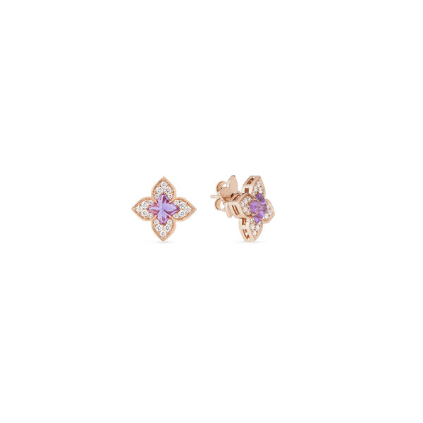 Boucles d'oreilles clous Princess Flower en or rose, améthystes et diamants, petit modèle
