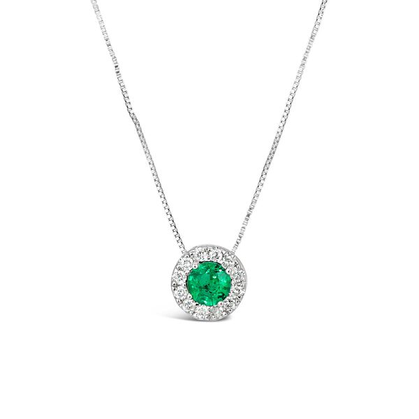 Pendentif en or blanc avec émeraude et halo de diamants