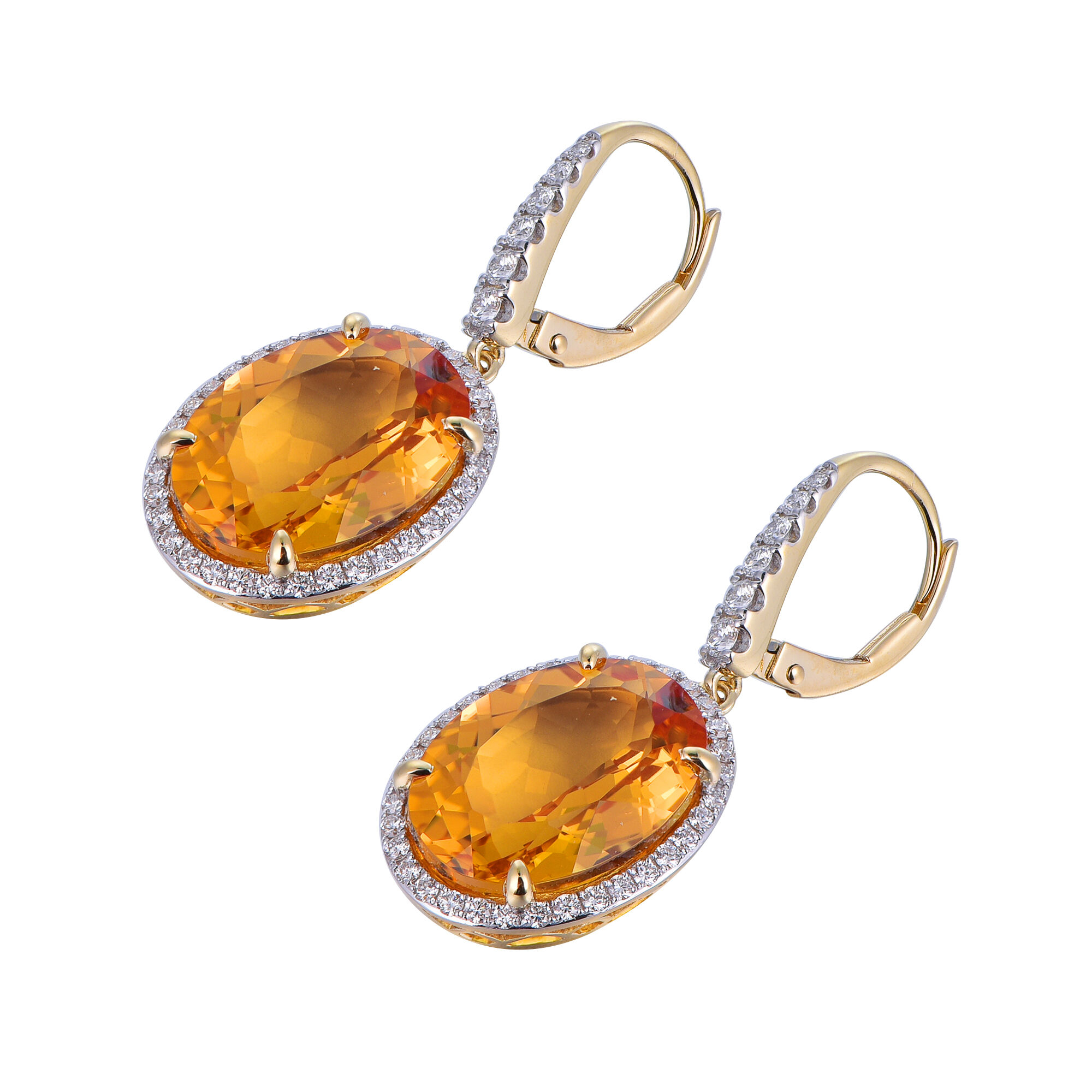 Oval Citrine Earrings with Diamond Halo in Yellow Gold