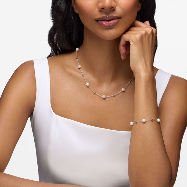 Sterling Silver Bead and Freshwater Pearl Station Necklace